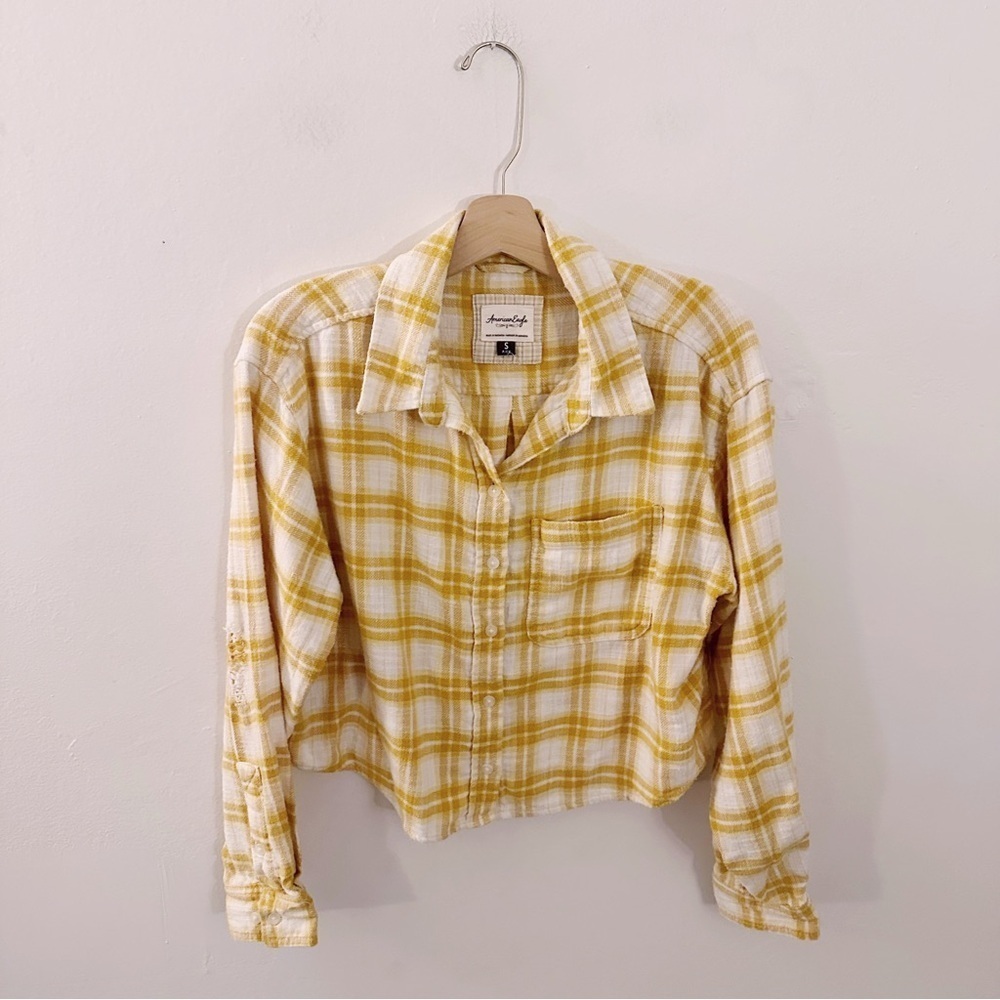 American Eagle Cropped Flannel Plaid Button Down Long Sleeve Cotton Yellow Cream - Picture 2 of 10